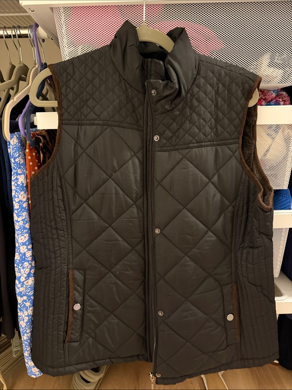 Weatherproof Black Quilted Vest with Brown Trim